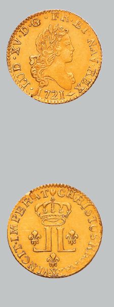 null Louis d'or aux deux L. 1721. Amiens (9621 exemplaires).
Flan neuf.
D. 1635.
Deux...