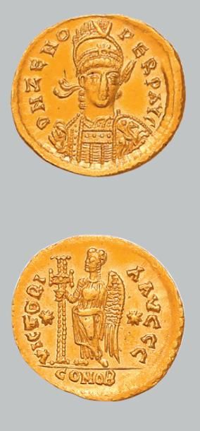 null ZÉNON (474-491)
Solidus. Constantinople. 4,50 g.
Son buste casqué et armé de...