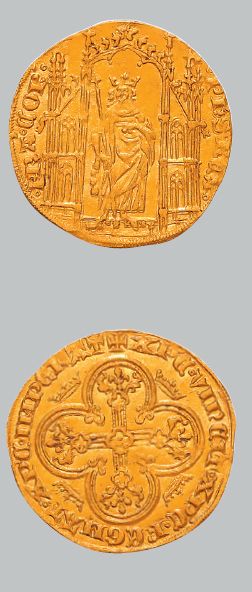 null PHILIPPE VI (1328-1350)
Royal d'or. 4,25 g.
Le roi debout sous un dais gothique.
R/...
