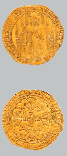 null Royal d'or. 3,70 g.
Le roi debout sous un dais gothique.
R/ Croix fleuronnée...