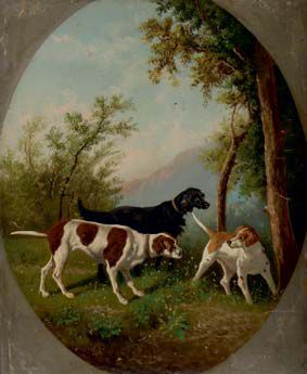 École Française du XIXe siècle Trois chiens de chasse
Huile sur carton à vue ovale.
60...