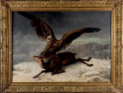 Pierre Gustave DEVILLE (né en 1815) Aigle et chamois
Huile sur toile signée en bas...