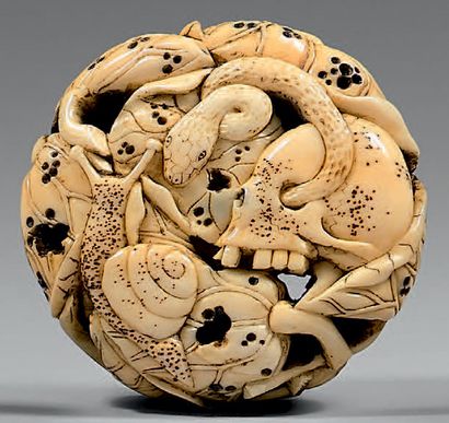 JAPON - Époque EDO (1603-1868) 
Manju en dent de morse, «San Sukumi», serpent lové...