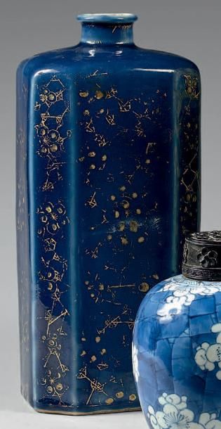 CHINE - XIXe siècle 
Flacon de forme octogonale en porcelaine bleu poudré à décor...