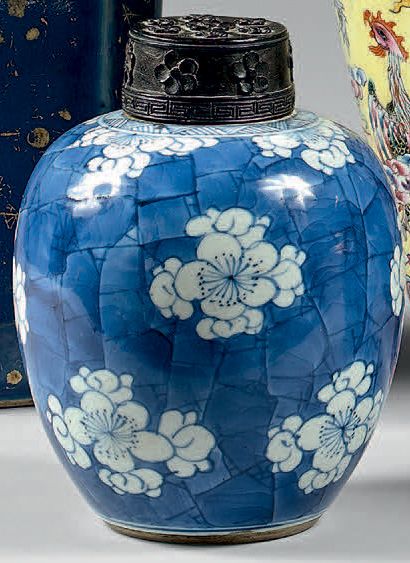 CHINE - Époque KANGXI (1662-1722) 
Pot en porcelaine bleu blanc à décor de cerisiers...