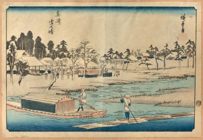 Utagawa Hiroshige (1797-1858) et Kikugawa Eizan (1787-1867) 
Ensemble de sept oban:
Cinq...