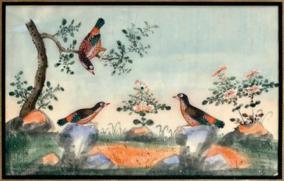CHINE, Canton - XIXe siècle 
Ensemble de trois peintures sur papier de riz (Tong
Cao),...