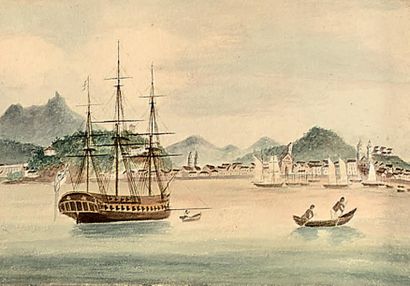 CHINE - XIXe siècle 
Encre et couleurs sur papier, représentant la vue du port probablement...