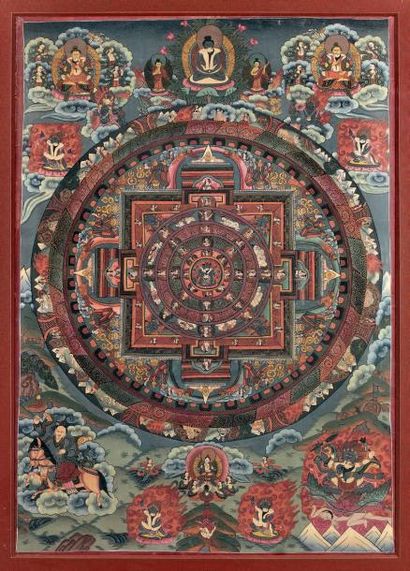 TIBET - XXe siècle 
Mandala, détrempe sur toile, Yidam en yab-yum avec sa Sakti au...