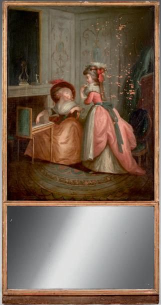 null Trumeau à miroir surmonté d'une peinture représentant deux femmes avec une cage...