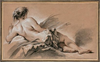 Francois Boucher (1703-1770) Nymphe étendue sur une draperie
Pierre noire et rehauts...