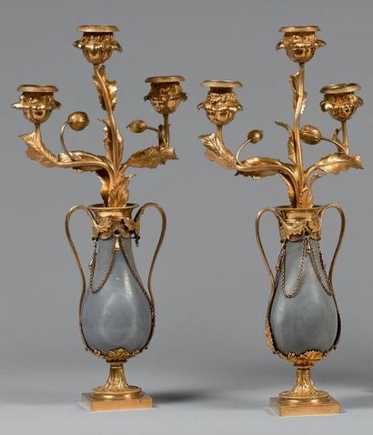 null Paire de candélabres en forme de vase en marbre bleu à monture en bronze doré...