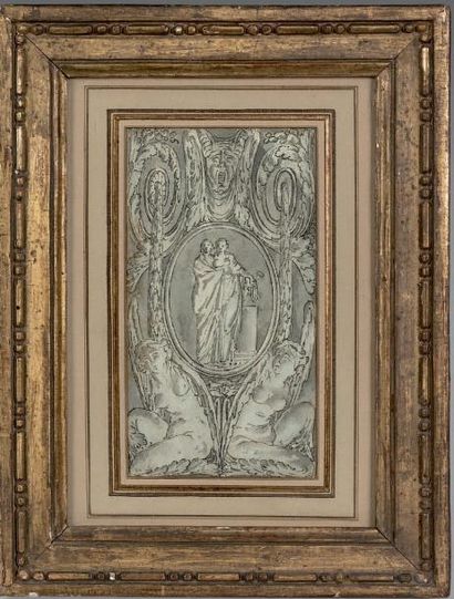 LOUIS-FELIX DELARUE (1730-1777) Étude de frontispice: vestale devant un autel, dans...
