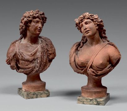 Louis DELAVILLE (1768-1841) Deux petits bustes sur piédouche en terre cuite: Bacchus...