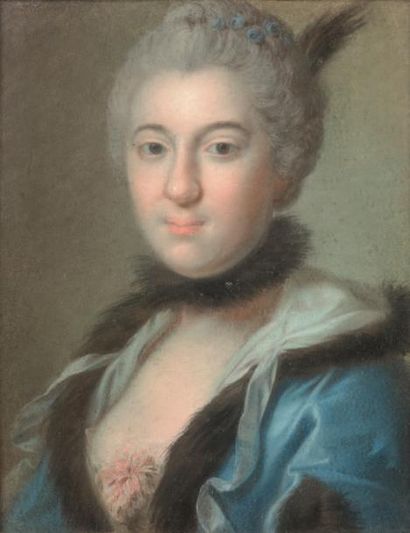 École FRANÇAISE du XVIIIe siècle Portrait de femme en buste, en robe bleue
Pastel.
42...