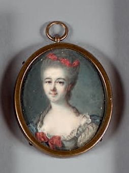 École FRANÇAISE du XVIIIe siècle Portrait de femme au corsage orné d'un noeud rouge
Miniature.
4,2...