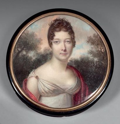 École FRANÇAISE du début du XIXe siècle Portrait de femme au châle rouge
Miniature...