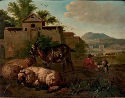 Eugène VERBOECKOVEN (1798/99-1881) Moutons, chèvre et bergers
Huile sur panneau.
25,8...