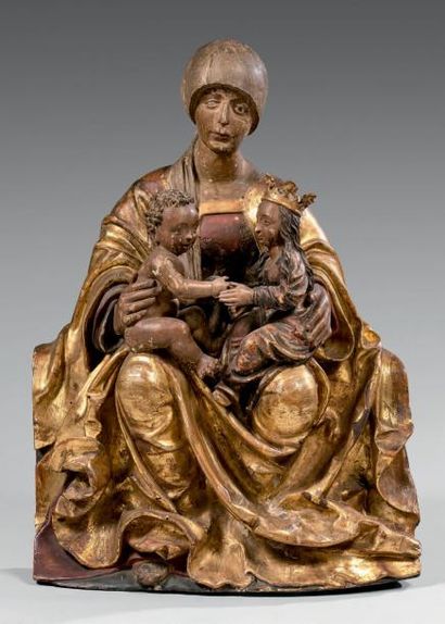 null Statue d'applique en bois (résineux?) doré et polychrome représentant une sainte...