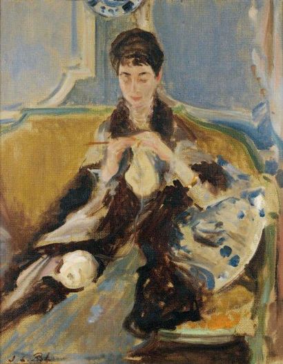 Jacques-Emile BLANCHE (1861-1942) Lili Langweil à son tricot Huile sur toile, signée...