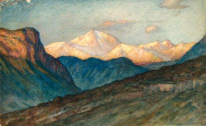 André-Charles COPPIER (1867-1948) Le Mont-Blanc vu de Giez Aquarelle située au dos....