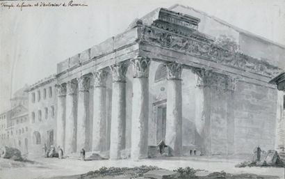 École FRANÇAISE du XVIIIe siècle Temple de Fausta et d'Antonin à Rome Lavis gris....
