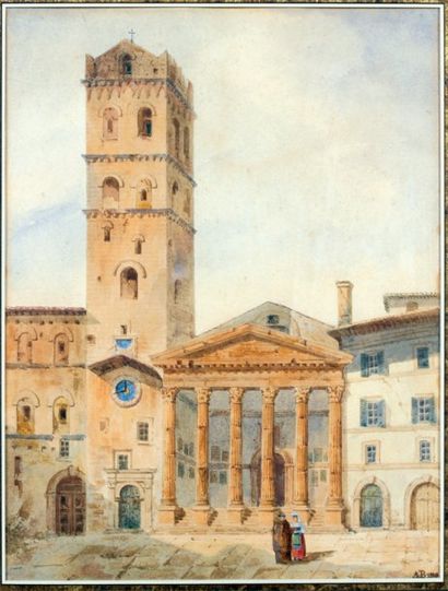 École Française du XIXe siècle Vue de Santa Maria Sopra Minerva à Assise Aquarelle,...
