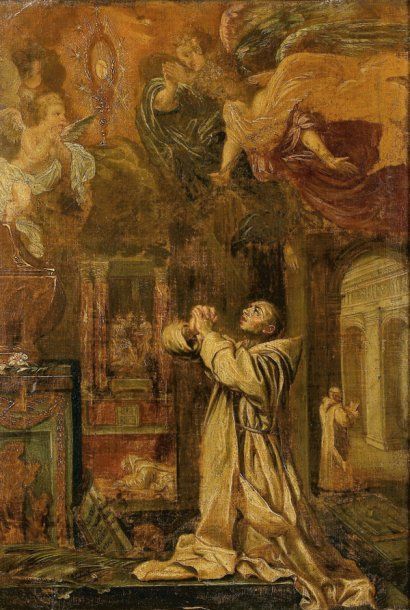ÉCOLE FLAMANDE du XVIIe siècle, d'après Bertholet FLÉMAL Saint Bruno adorant l'Eucharistie...