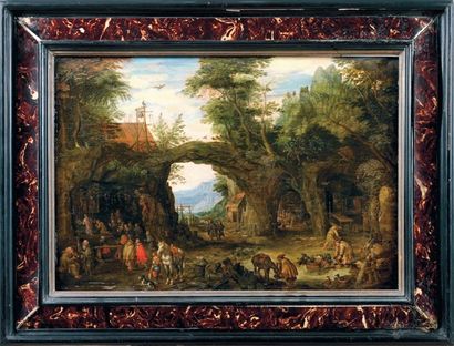 Attribué à Joos de MOMPER (Anvers 1564-1635) Paysage de montagne avec des pèlerins...