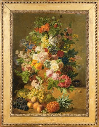 Atelier de Jan-Frans van DAEL (1764-1840) Bouquet de fleurs et fruits Huile sur toile,...