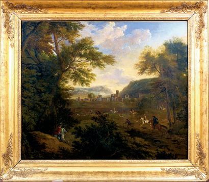 Jan Van HUYSUM (1682-1749) Paysage avec scène de chasse Huile sur toile, rentoilée....