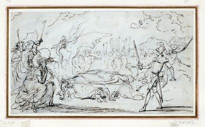 Attribué à Claude GILLOT (1673-1722) Scène du "Roland Furieux" Plume. 12,5 x 22,2...