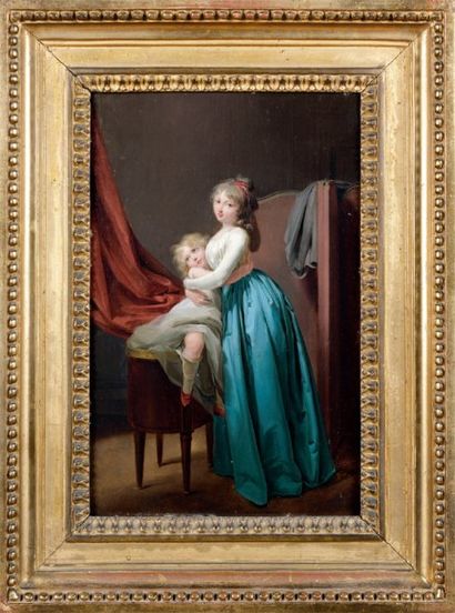 Louis-Léopold BOILLY (1761-1845) Jeune femme à la robe bleue prenant son enfant dans...