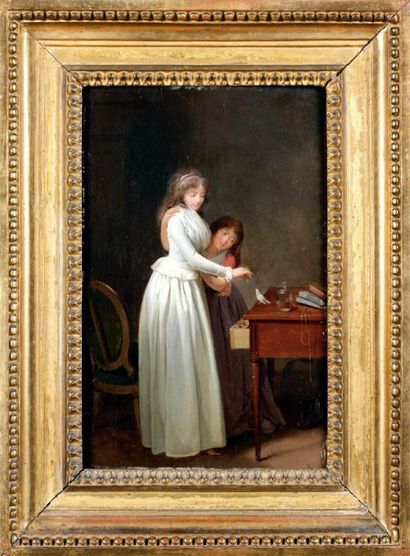 Louis-Léopold BOILLY (1761-1845) Jeune mère et sa fille donnant la becquée à un oiseau...