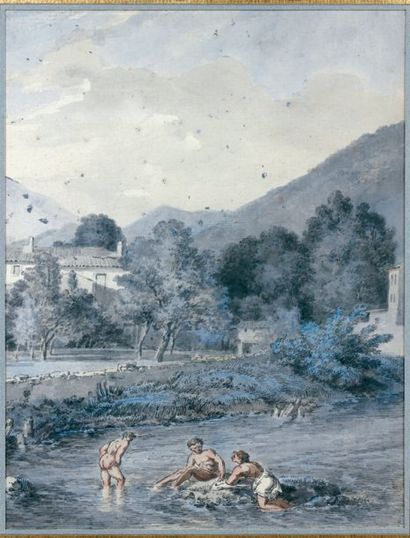 École FRANÇAISE du début du XIXe siècle Paysage aux baigneurs Plume, lavis. 32 x...
