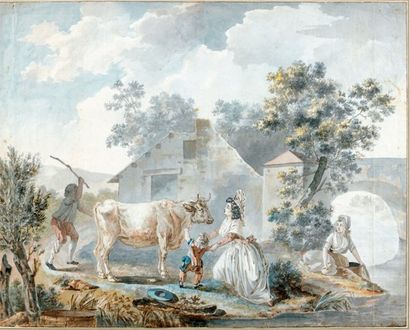 École FRANÇAISE du XVIIIe siècle Scène pastorale Aquarelle. (Quelques déchirures...