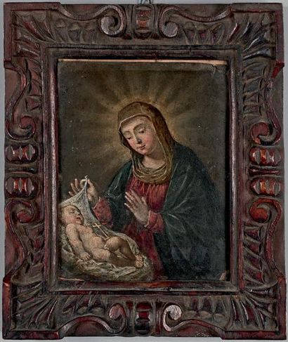 École Française du XVIIe siècle La Vierge et l'Enfant Jésus
Huile sur cuivre.
17,6...