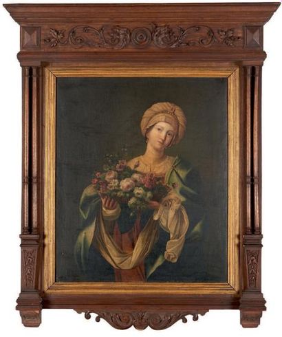 Ecole Italienne du XIXe siècle Jeune femme tenant une corbeille de fleurs, d'après...