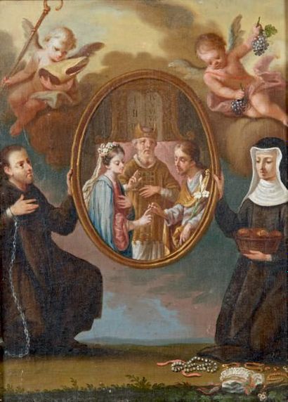 École FRANÇAISE du XVIIIe siècle Deux saints franciscains tenant un médaillon représentant...