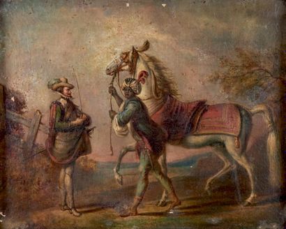 Ecole française dans le goût du XVIIe siècle Serviteur présentant un cheval à un...