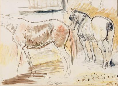 Eddy LEGRAND (1892-1970) Chevaux à l'écurie, 1957
Dessin à l'encre rehaussé de couleurs,...