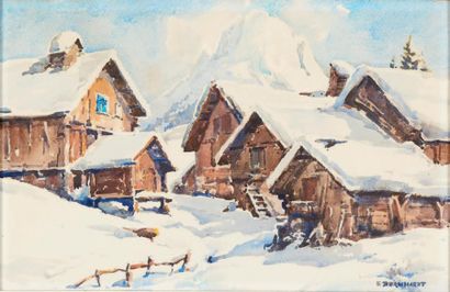Eugène BERNHARDT (1898-1984) Chalets sous la neige
Aquarelle, signée en bas à droite.
30,5...