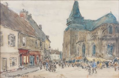 Frank Myers BOGGS (1855-1926) Le marché à Houdan Aquarelle sur traits de crayon,...