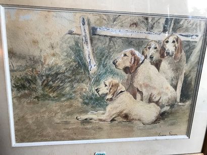 null Eugène VIGNON :
"Quatre chiens de chasse au piquet"
Aquarelle signée.