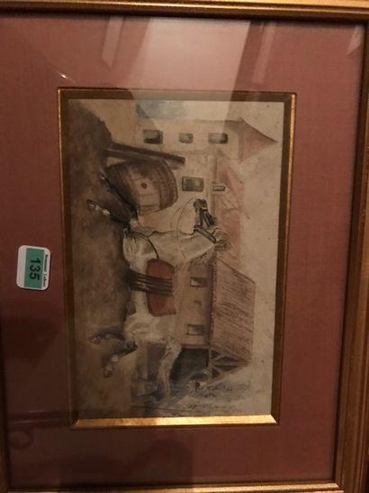 null Ecole vers 1900 :
"Cheval rentrant aux écuries"
Petite aquarelle.
