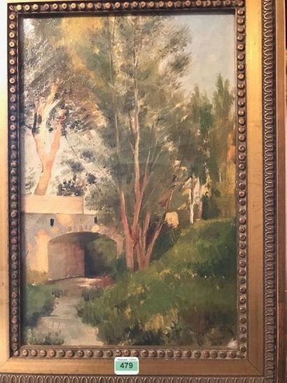 null Paul LEROY (1860-1942) :
"Pont"
Huile sur panneau.
Cachet de l'artiste.