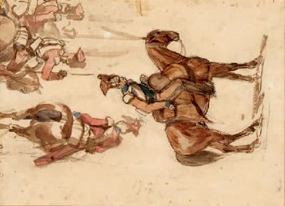 ÉCOLE FRANÇAISE du XIXe siècle, d'après Géricault Cavaliers 
Étude de cavaliers (verso)
Aquarelle...