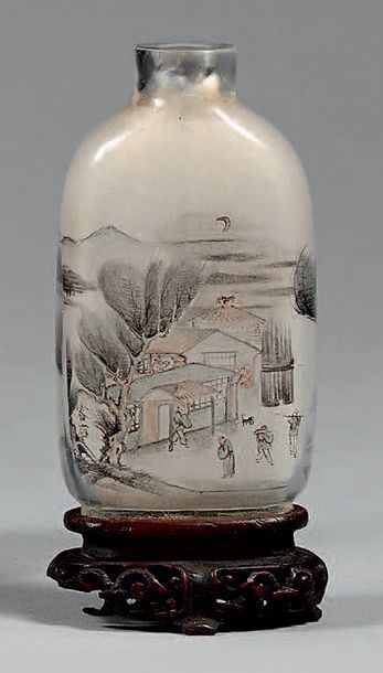 CHINE - XXe siècle 
FLACON TABATIÈRE en verre peint à l'intérieur de paysage lacustre...