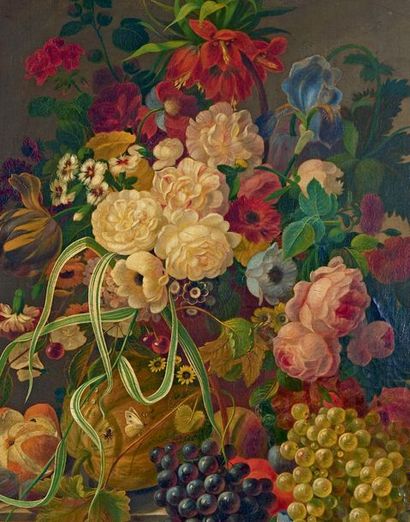 Ecole Flamande du XVIIIe siècle Bouquet de fleurs, fruits, insectes et papillons
Huile...