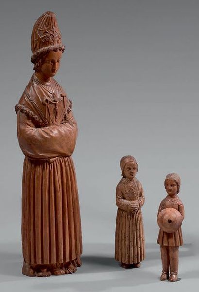 null Statuettes de Notre-Dame de la Salette en bois fruitier avec deux jeunes bergers.
XIXe...